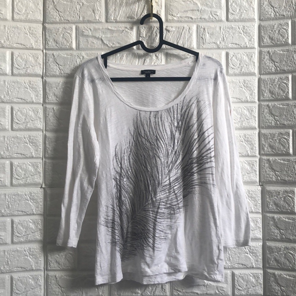 Talbots Womens White Cotton Slub Feather Graphic Long Sleeve Tee Shirt Medium
